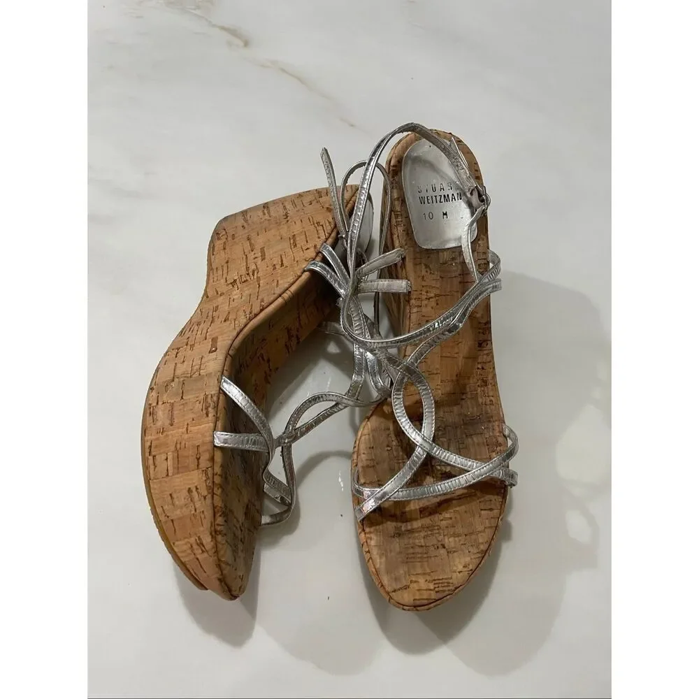 Stuart Weitzman Leather T Silver Strap Wedge Sandals size 10